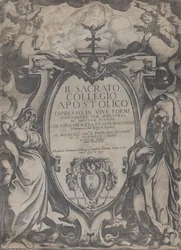Frontispicio con dos figuras sosteniendo pergaminos y querubines flanqueando el cartucho