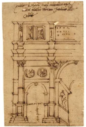 Alzado parcial del Arco de Constantino, Roma (pluma y tinta marrón, sobre papel vegetal al óleo)