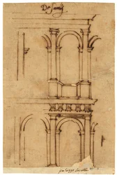 Boceto del Teatro de Marcelo, Roma (pluma y tinta marrón, sobre papel vegetal al óleo)