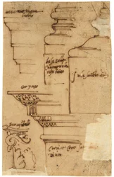 Bocetos de varios elementos del Arco de Tito, Roma (pluma y tinta marrón, sobre papel vegetal al óleo)