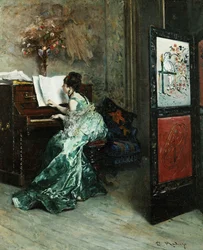 Una dama tocando el piano en un interior