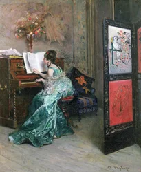 Dama tocando el piano en un interior