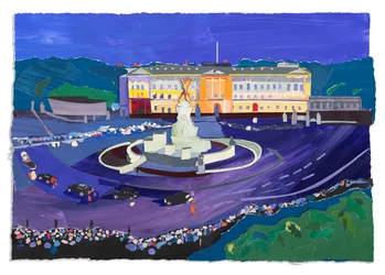 Crowds at Buckingham Palace, 2023 (acrílico y collage sobre papel)