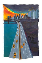 Cielo naranja sobre Nueva York, 2019 (acrílico y collage sobre papel)