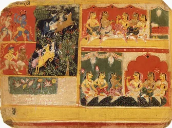 Una ilustración del "Bhagvata Purana", Libro X, Capítulo 21, c.1525