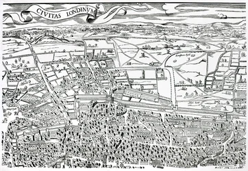 Detalle de Londres al norte de la ciudad de Civitas Londinium (xilografía)