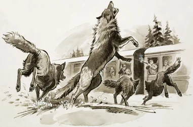 Pasajeros de un tren nevado luchan contra lobos hambrientos (gouache sobre papel)