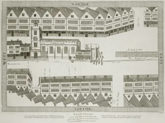 West Cheap como apareció en el año 1585, grabado por Bartholemew Howlett (1767-1827) publicado en 1814
