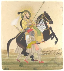 Maharana Sangram Singh montando un caballo premiado, c.1712