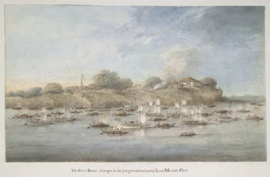 Flotilla de Lord Hastings en el río, con muchos periquitos pinaza