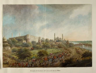 El grupo de Lord Hastings ingresa a la ciudad de Lucknow a lomos de un elefante, c.1814-15 (acuarela sobre papel)
