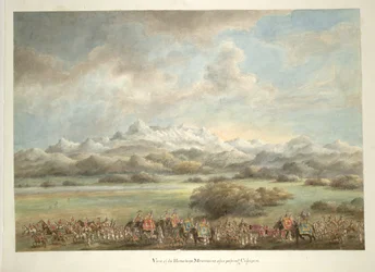 Lord y Lady Hastings, sobre elefantes, pasando frente al Himalaya nar Kashipur