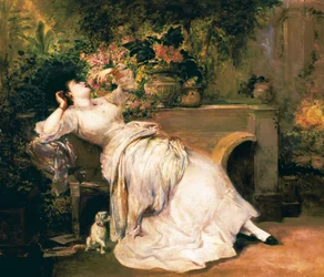 Mujer en un jardín. Pintura de Ramon Martí i Alsina (1826-1894), segunda mitad del siglo XIX.