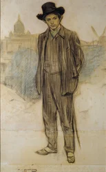 Portrait of Pablo Picasso - Oeuvre de Ramón Casas (1866-1932) - c. 1900 - Pastel on paper - 69x44,5 - Museo Nacional de Arte de Cataluña, Barcelona