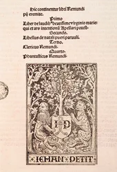 Página del códice "De Laudibus Beatissimae Virginis Mariae" de Ramon Llull (1235-1315), representando dos leones sosteniendo el escudo de armas del impresor Jehan Petit