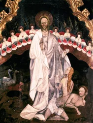 La creación del mundo, debajo la creación de Eva, detalle del retablo de la Iglesia de San Sebastián de Guimerá. Pintura sobre madera de Ramón de Mur (m. 1435) 1402-1412. Museo Episcopal de Vic. Cataluña, España