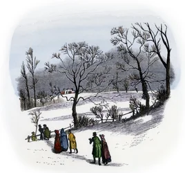 Vida cotidiana, Inglaterra: habitantes del campo acuden a una celebración navideña, celebrada en una granja cercana. Atraviesan campos cubiertos de nieve hacia 1800. Grabado en color, basado en una ilustración de Randolph Caldecott.