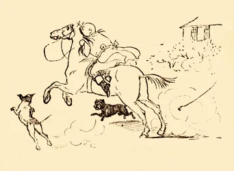 John Gilpin es perseguido por perros mientras su caballo galopa fuera de control, 1878, c1918
