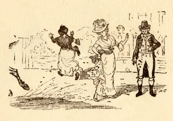 El caballo de John Gilpin salpica barro sobre el vestido de una mujer, 1878, hacia 1918