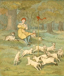 El niño campesino toca su flauta mientras los corderos bailan alrededor de su cayado, c1881