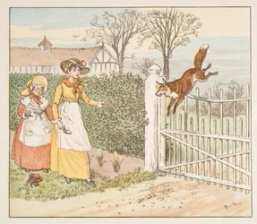 El zorro salta sobre la puerta del párroco, de El libro de imágenes de Hey Diddle Diddle, pub.1882