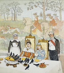 Un rey y una reina sentados a la mesa rodeados de sirvientes, detrás de ellos una escena de caza. Lámina 14 de "The Picture Book" de Randolph Caldecott (1846-1886). 1879. The British Library Institution Reference: Shelfmark ID: 12805.s.17 A King and Q
