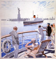 Transportes. Marina. Llegada del transatlántico Le Normandie al puerto de Nueva York. Ilustración de Raoul du Gardier