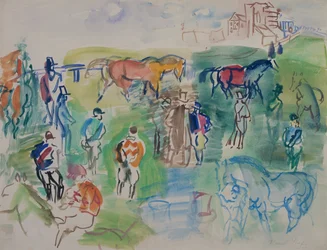 Caballos y jockeys en Epsom (gouache sobre papel)