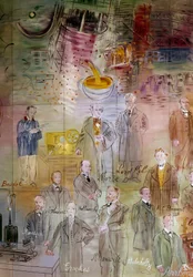 La Fee Electricite, detalle: Retratos de Emile Baudot, Samuel Morse, William Thomson (Lord Kelvin), Jules Francois Joubert, Wilhelm Conrad Rentgen, Eleuthere Mascart, Wilhelm Hallwachs, Henri Becquerel, William Crookes, James Clerk Maxwell, Hermann von Hel