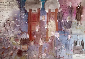 La Fee Electricite, detalle: Retratos de Johann Wilhelm Hittorf, Heinrich Geissler, Henry Moseley, Pierre Curie, Marie Curie, Dmitrij Mendelee, Thomas Edison y Graham Bell. 1937 (pintura)