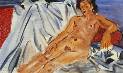 Desnudo recostado en sofá rojo; Nu Couche sur Canape Rouge