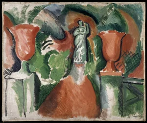 Estatua con dos jarrones rojos