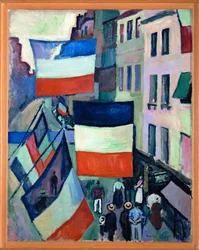 Calle con banderas (óleo sobre lienzo)