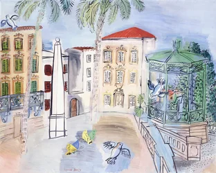 La plaza de Hyeres, con un obelisco y un quiosco de música