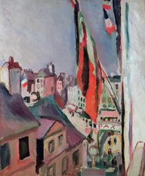 La calle engalanada con banderas