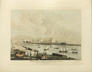 Avenida Michigan al pie de la calle Madison, Chicago, con vista de la estación central de Illinois en el año 1864