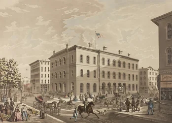 Esquina noroeste de las calles Dearborn y Monroe, Chicago, mostrando el edificio de la oficina de correos en el año 1865