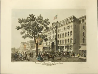 Calle Washington entre State y Dearborn, Chicago, mostrando la Ópera de Crosby en el año 1864