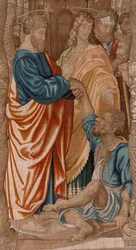 Tapiz flamenco. Serie Hechos de los Apóstoles. El milagro del cojo (El milagro del paralítico). Tercer tapiz de la serie. Modelo Caricatura de Rafael Sanzio. 1519. Fabricación Jan Raes II, Bruselas. Ca1605-1629. Tela Seda y lana. Tamaño 524x400