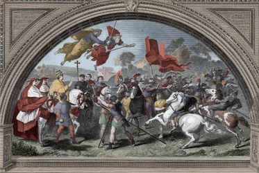 Representación del Papa León I llamado el Grande (390-461) contra el líder de los hunos Atila (ca. 395-453) en 452 en Mantua - Invasiones bárbaras - (Papa León I el Grande reuniéndose con el rey huno Atila en 452) (después de Rafael)