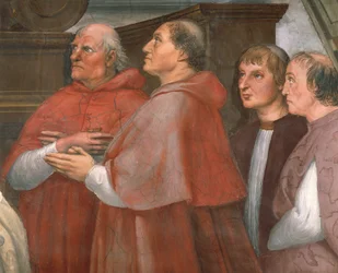 El cardenal Raffaele Riario con transeúntes, detalle de La Misa de Bolsena