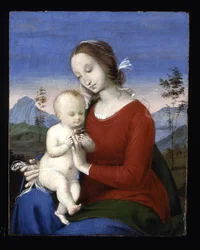 Virgen con niño y pájaro (óleo sobre madera)