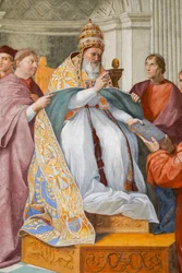 Virtudes teologales, con Gregorio IX representado como Julio II