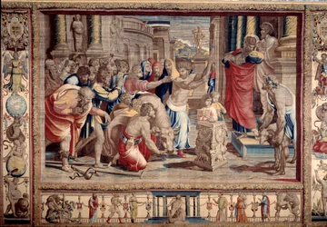 El sacrificio en Listra - Vida de los apóstoles Pedro y Pablo: San Pablo rechazando honores divinos, después de haber curado a un inválido, los habitantes lo toman por un dios y quieren hacer sacrificios - Tapiz después de cartón de Raffaello Sanzio (1483-