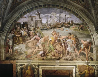 Ventana semicircular, frescos de Raffaello Sanzio (1483-1520) y seguidores, que representan la batalla de Ostia, Stanza dell