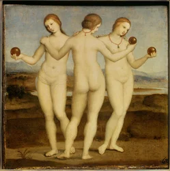 Las tres Gracias. Pintura de Raffaello Sanzio, llamado Rafael (1483-1520). 1504-1505. Chantilly. Museo Condé.