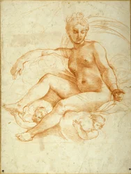 Venus sentada en las nubes señalando hacia abajo