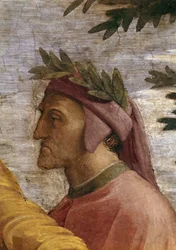Disputa. Detalle: Dante Alighieri Fresco en Stanza della Segnatura, ca. 1510-1511