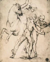 Desnudos masculinos con un caballo; dibujo de Rafael. Gallerie dell