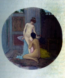 El baño de las mujeres en la Antigüedad griega. Ilustración tomada de "Afrodita" de Pierre Louys, por Raphael Colin